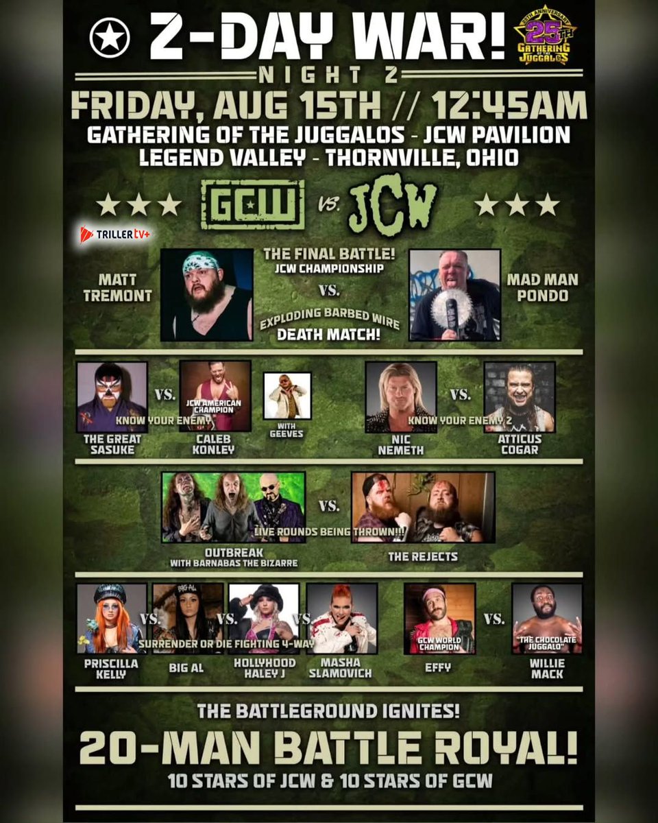 .<a href="/RealJCW/">Juggalo Wrestling</a> and <a href="/GCWrestling_/">GameChangerWrestling</a> are cooking with two nights of fights beginning TONIGHT 👊

📺 #GCWvsJCW | Aug 14 &amp; 15 | Watch on TrillerTV+