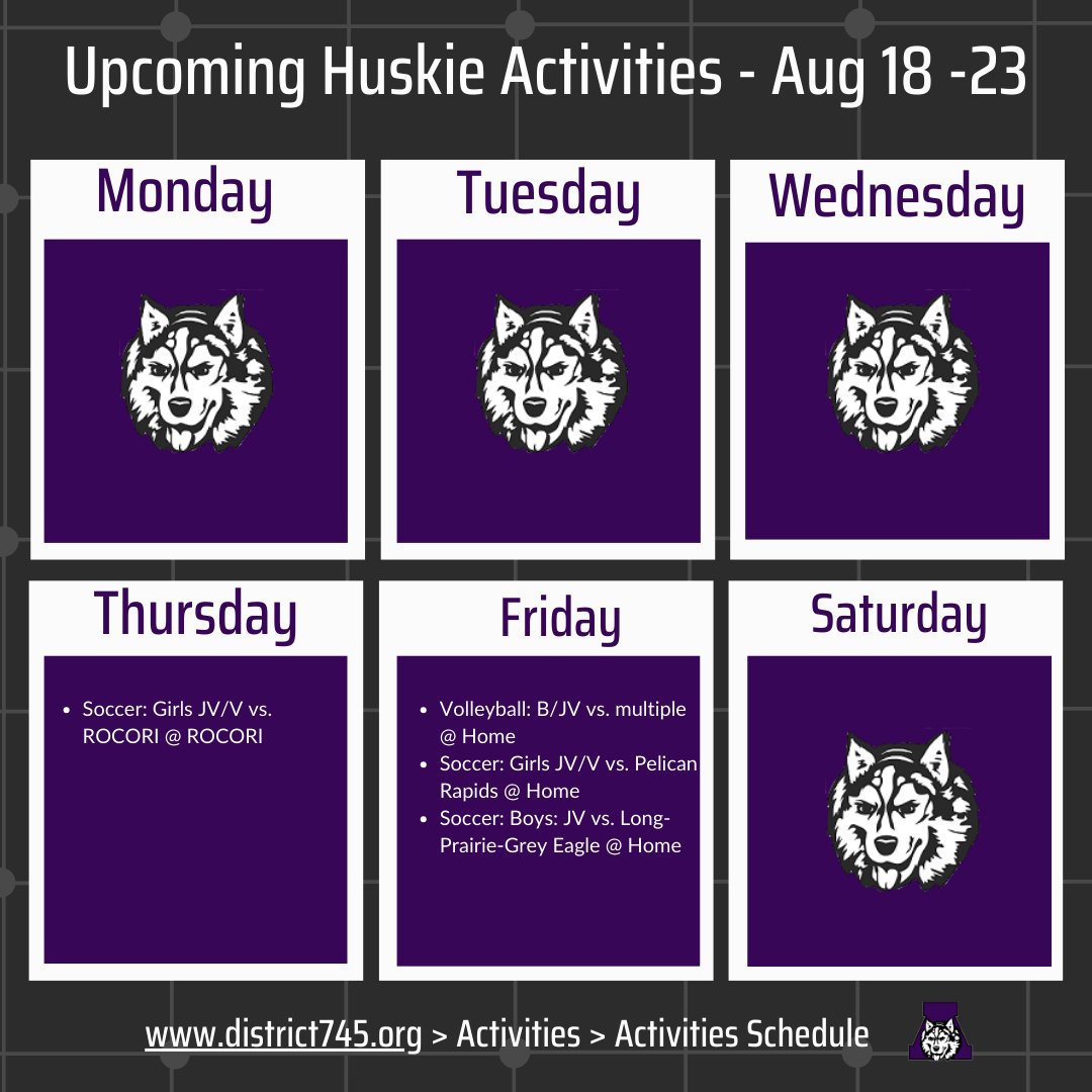 Check out the Huskie activities this week! 
Make sure to check the Granite Ridge Conference Activities Calendar (linked below), as all events are subject to change.
Ticket and streaming info can be found at:
graniteridgeconference.org/public/genie/2…
#PurplePride #HuskiesPullTogether