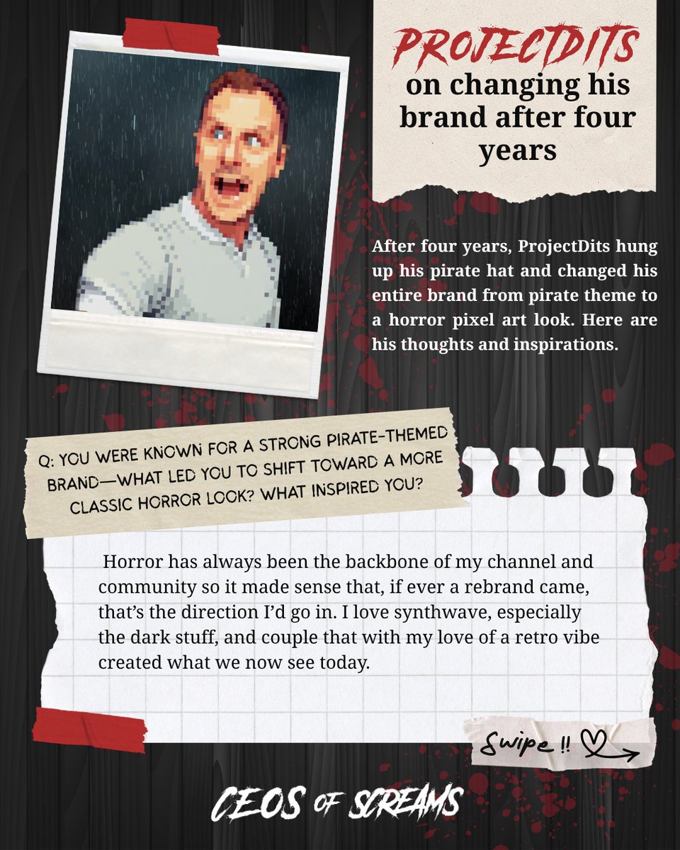 CEOsOfScreams's tweet image. After four years, @ProjectDits hung up his pirate hat and changed his entire brand from pirate theme to a horror pixel art look. Here are his thoughts and inspirations.