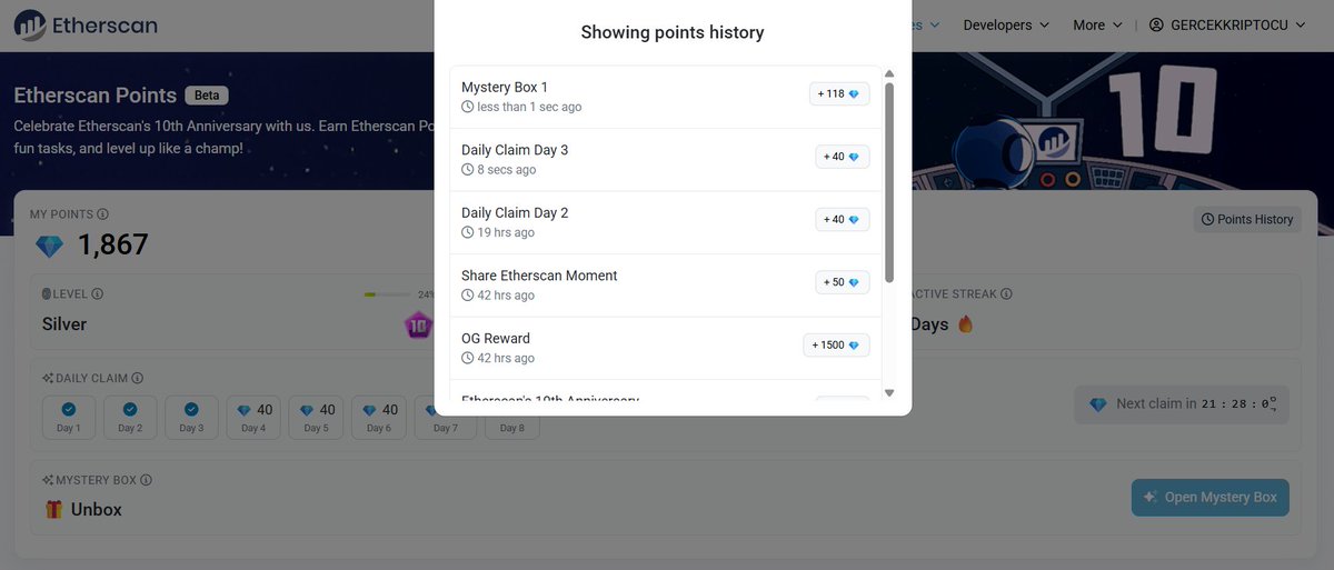 GercekKriptocuu's tweet image. 💎#Etherscan üzerindeki gizemli kutular yenilendi. Gizemli kutunuzu claim etmeyi unutmayın.
Bana 118 puan geldi. Bakalım bu puanlar neler getirecek!