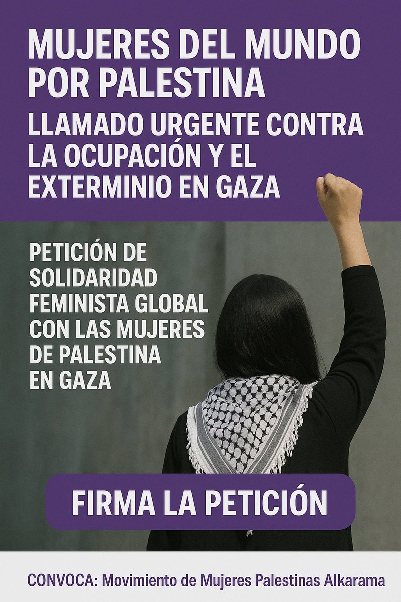 💪🇵🇸 Las mujeres levantamos la voz por Palestina.
Contra la ocupación, contra el exterminio, por la vida y la dignidad.
✊ Firma y comparte:
🔗 alkarama.eu/mujeres-del-mu…
#PalestinaLibre #SolidarityWithPalestine #MujeresPorPalestina #JusticeForPalestine #StopWar #MujeresEnLucha