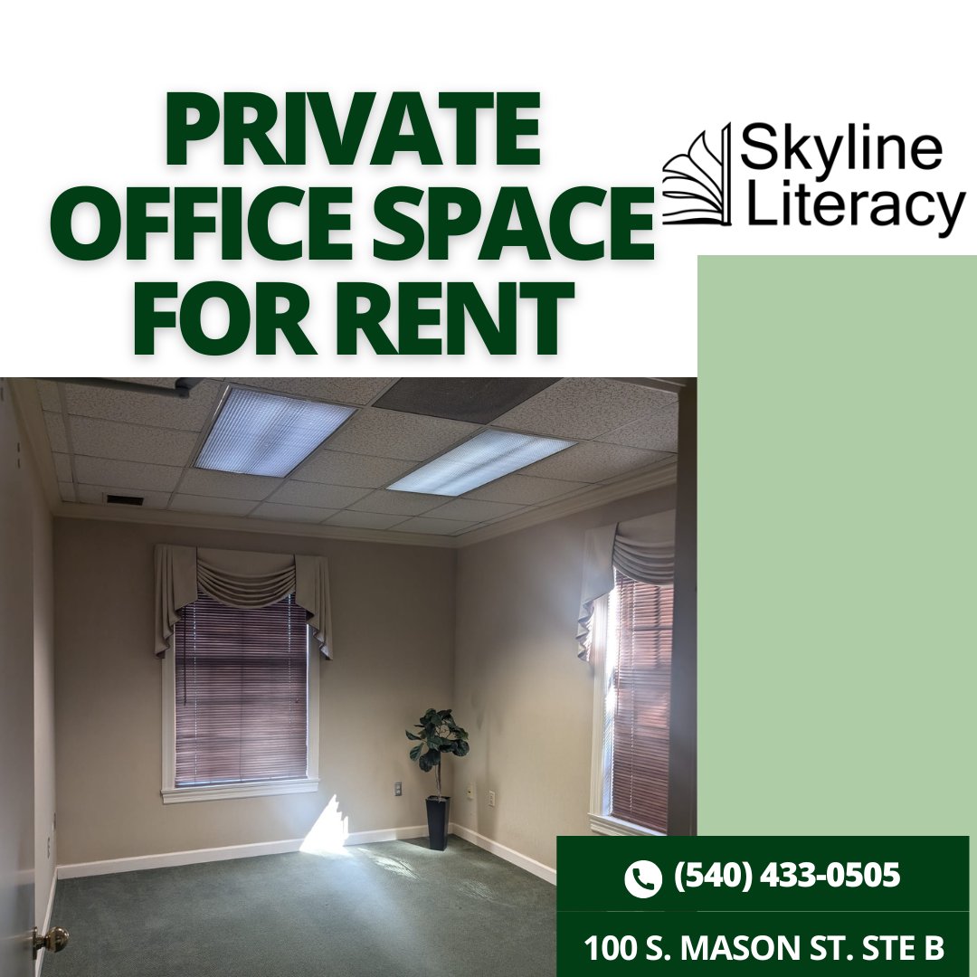 Office Space Available at Skyline Literacy!
Looking for a convenient, professional workspace in Harrisonburg?
Skyline Literacy has office space available for rent in our centrally located building.

For details, contact us at 540-433-0505 or nshenk@skylineliteracy.org.