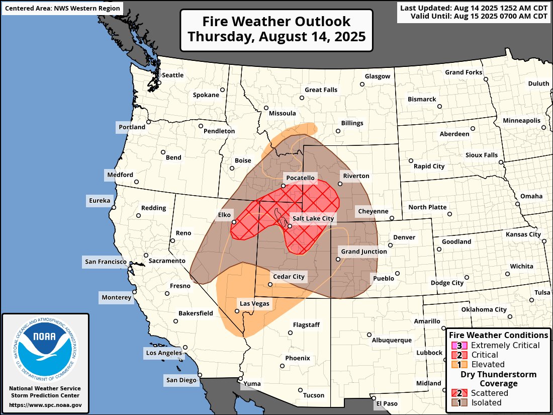 Info for Utah, Idaho, Wyoming, Colorado, and Nevada 👇
"Dry thunderstorms will be the primary fire weather concern for today across the northeastern Great Basin, though warm, dry, and windy conditions will likely develop across parts of the Great Basin and northern Rockies. A