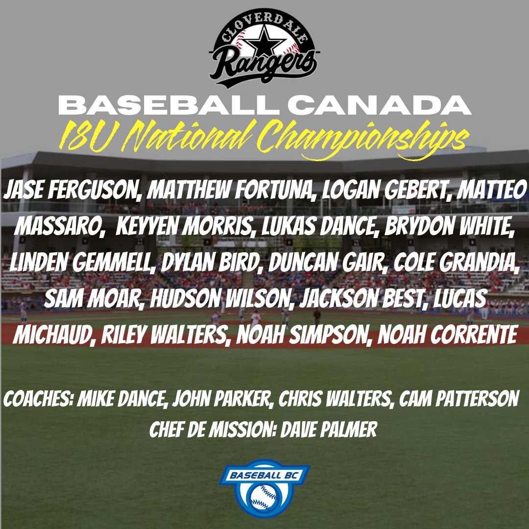 Good luck to the <a href="/CloverRangers/">Cloverdale Rangers Baseball</a> who are in Ft McMurray AB at the <a href="/BaseballCANNats/">Baseball Canada National Championships</a> 18U National Championships this week.

The Rangers get their tournament started today with 2 games vs SK &amp; PEI.

Good luck this week Rangers.