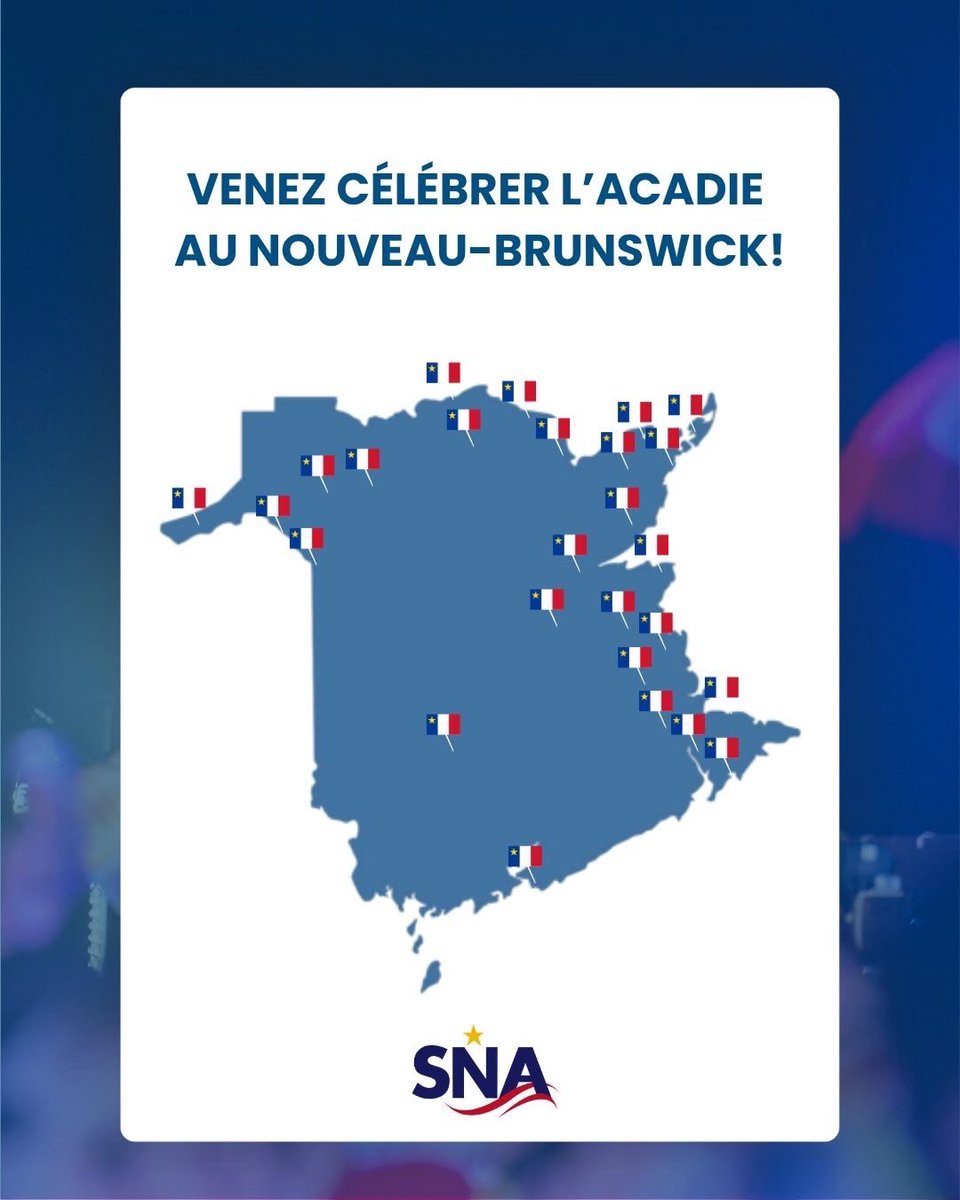 L’Acadie du Nouveau-Brunswick célèbre la #FêteNationaleAcadie ! Du nord à la péninsule acadienne jusqu’au sud-est, des festivités partout pour fêter notre culture, notre histoire et nos traditions. 

👉Consultez la liste officielle des événements : canada.ca/fr/patrimoine-… .
