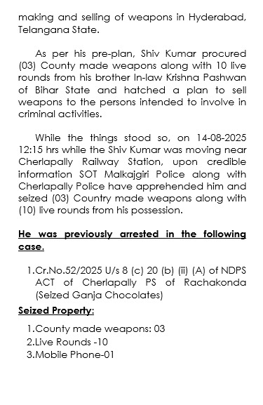 MalkajgiriCop's tweet photo. The #SpecialOperationsTeam, Malkajgiri along with @Cherlapallyps has apprehended an #interstate gang found in possession of three country-made weapons and ten live rounds.

@TelanganaCOPs @DcpMalkajgiri @timesofindia @DeccanChronicle @IndianExpress @htTweets @the_hindu @way2_news @Eenadu_Newspapr @NewIndianXpress @bbcnewstelugu