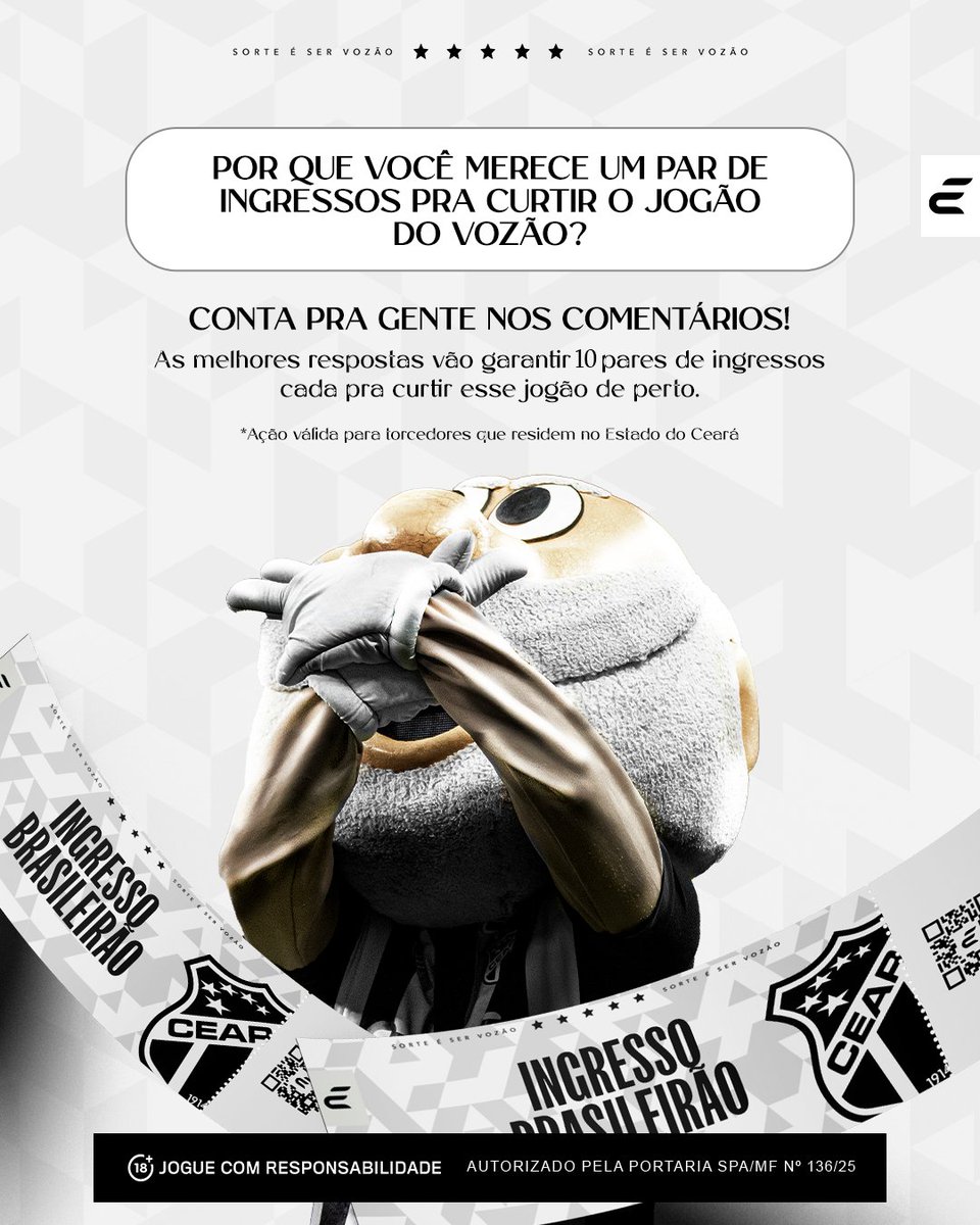 🎟️ CONCURSO CULTURAL RECREATIVO DO CEARÁ 🎟️

O Esportes da Sorte vai presentear 10 torcedores do Vozão com pares de ingressos para o setor superior central do jogo Ceará x RB Bragantino que vai acontecer neste sábado (16) na Arena Vozão.

Para participar é fácil e gratuito:

1.