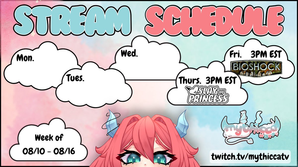 Weekly Schedule | 08/10 - 08/16

Thurs. - Slay The Princess | 3PM EST

Fri. - Bioshock | 3PM EST

#Vtuber #ENVtuber