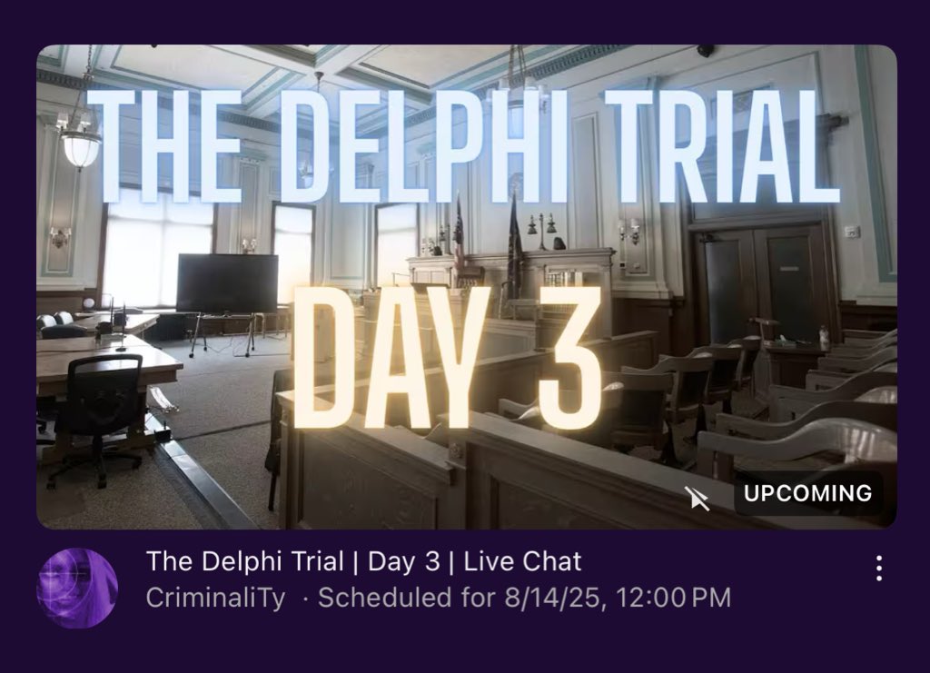 SleuthieGoosie's tweet photo. Join me & @CriminaliTy187 in about an hour & a half for the AI reading of day 3 of #RichardAllen’s trial. For those who don’t know, the live is for us to bullshit with everyone (sometimes we’re funny) & comment on what we’re hearing just like we would if we were live streaming a trial which unfortunately wasn’t an option for the Delphi trial. If you wanna hear just the reading without commentary, we’ll tell you when you get here what playlist to find all of that on. See you soon love you byeeeee https://t.co/qranzWOfkm