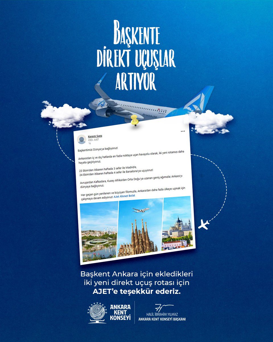 Başkentimizin dünyaya açılan kapılarını her geçen gün genişleten bu değerli adım için teşekkür ederiz. Emeği geçen tüm kişi ve kurumlara da şükranlarımızı sunarız.

#ajet #direktuçuş #ankara