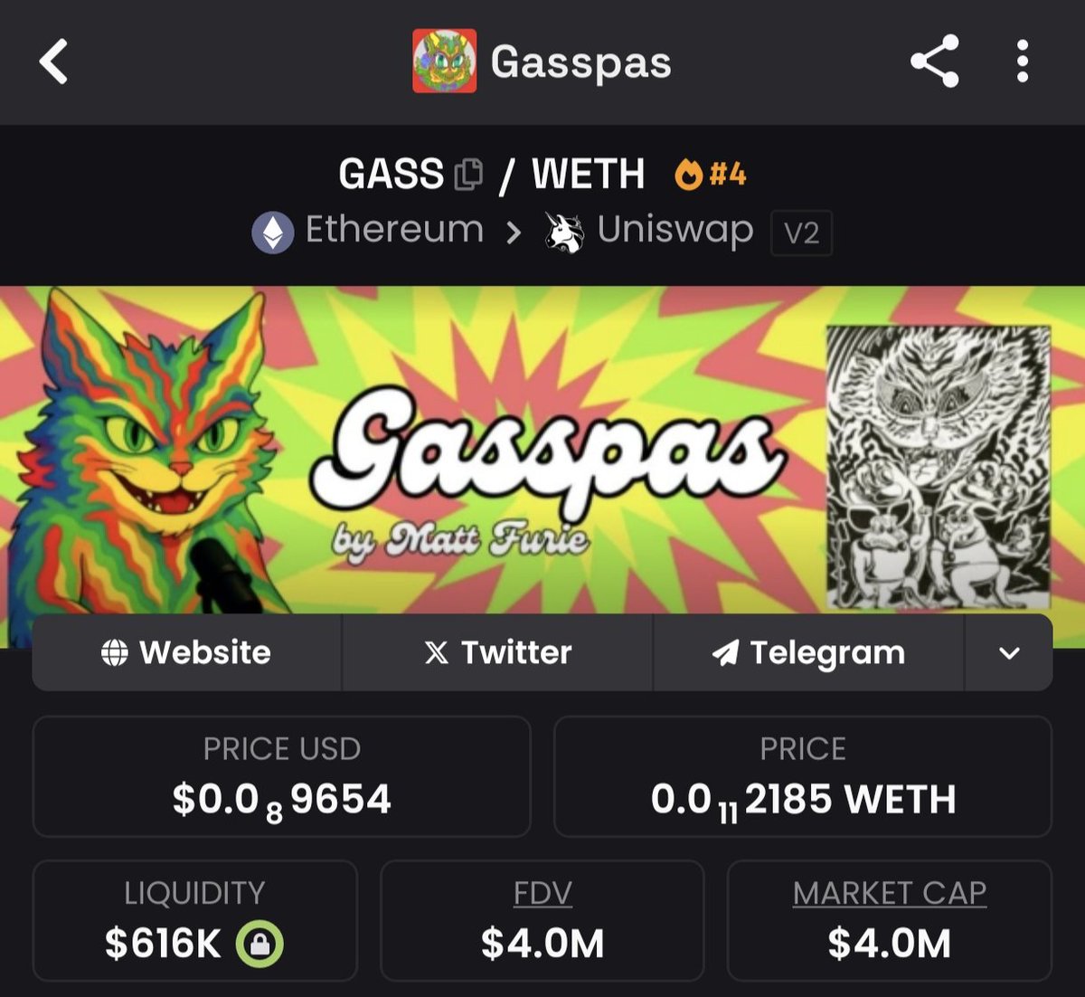 LimColAI's tweet photo. Go go go 💣 + 3X 💥 
Gasspas the cat, the newest Matt Furie character  $GASS 0x774eaF7A53471628768dc679dA945847d34b9a55
#memecoin #nft #Cryptо #Web3 #Ethereum #1000X #100X https://t.co/OifHmgcvC5