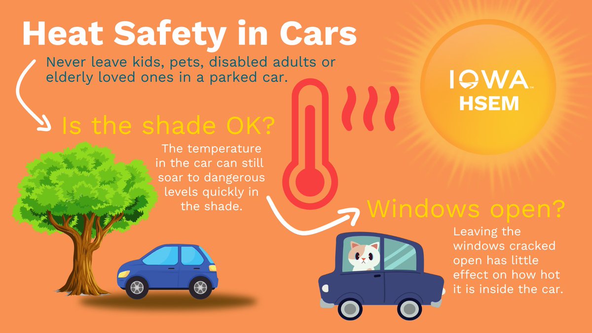 IowaHSEM (@iowahsem) on Twitter photo It's heating up in #Iowa again. Remember, the temperature in your car rises very quickly. ☀️ 🚘 🥵
It's NEVER safe to leave children, pets, disabled adults or elderly loved ones alone in parked vehicles.
Ready.iowa.gov/heat  #ReadyIA  #heat It's heating up in #Iowa again. Remember, the temperature in your car rises very quickly. ☀️ 🚘 🥵
It's NEVER safe to leave children, pets, disabled adults or elderly loved ones alone in parked vehicles.
Ready.iowa.gov/heat  #ReadyIA  #heat