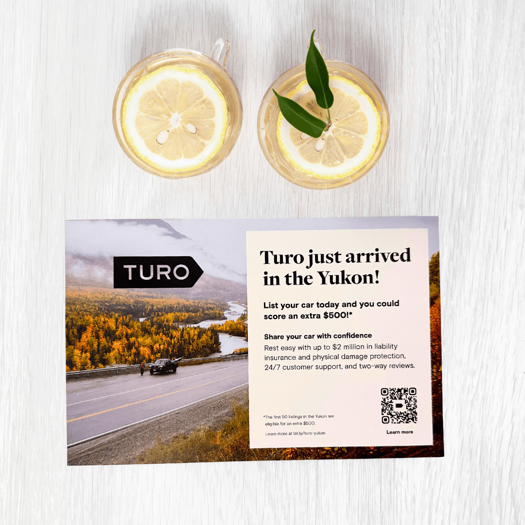 TorpedoMKTG's tweet photo. Adventure is calling from the Yukon. 🏞️🚗 Spot our postcard? Cards like this let customers scan them to unlock exclusive Turo deals and hit the road less travelled. Your next journey starts in your mailbox. #Turo #ExploreYukon #DirectMail #interactivemail #Smartmarketing https://t.co/doPpy6z7Qo