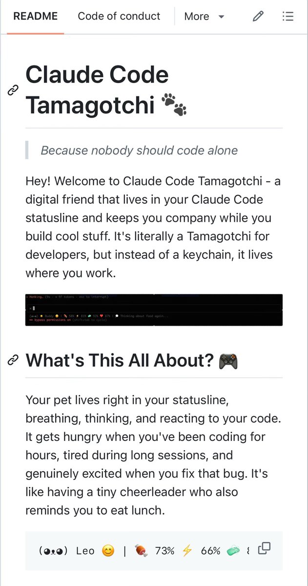 iannuttall's tweet photo. OMG somebody built a Tamagotchi pet that lives in the Claude Code status and reacts to your coding sessions 😍

(Link below) https://t.co/0wa72Hr80p