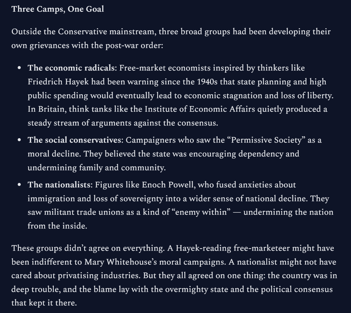 This is a great and perceptive piece on political coalition building by Jake. While Thatcher won in the context of 1970s decay, we can definitely learn lessons from how she brought together three different but important voting blocs into her coalition.