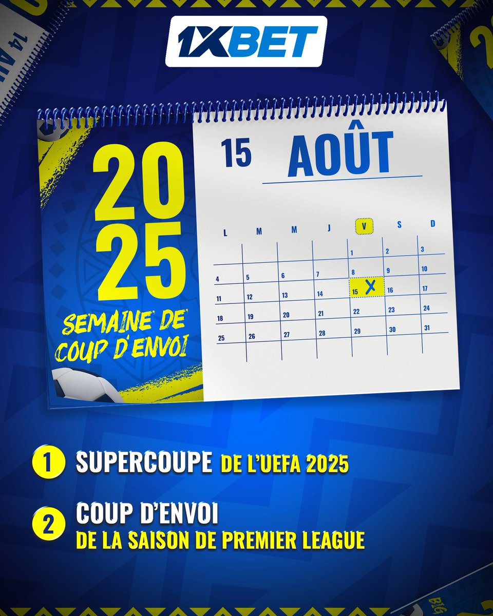 1xbet_cm's tweet image. ⚽ Semaine de Coup d’Envoi 🚀

De l’Afrique à l’Europe, les plus grands duels commencent ! 🌍🔥
🏟️ Qui brillera en premier cette saison ? 💬 Donnez vos pronos !

#1xBet #CHAN #UEFASuperCup #PremierLeague #LaLiga