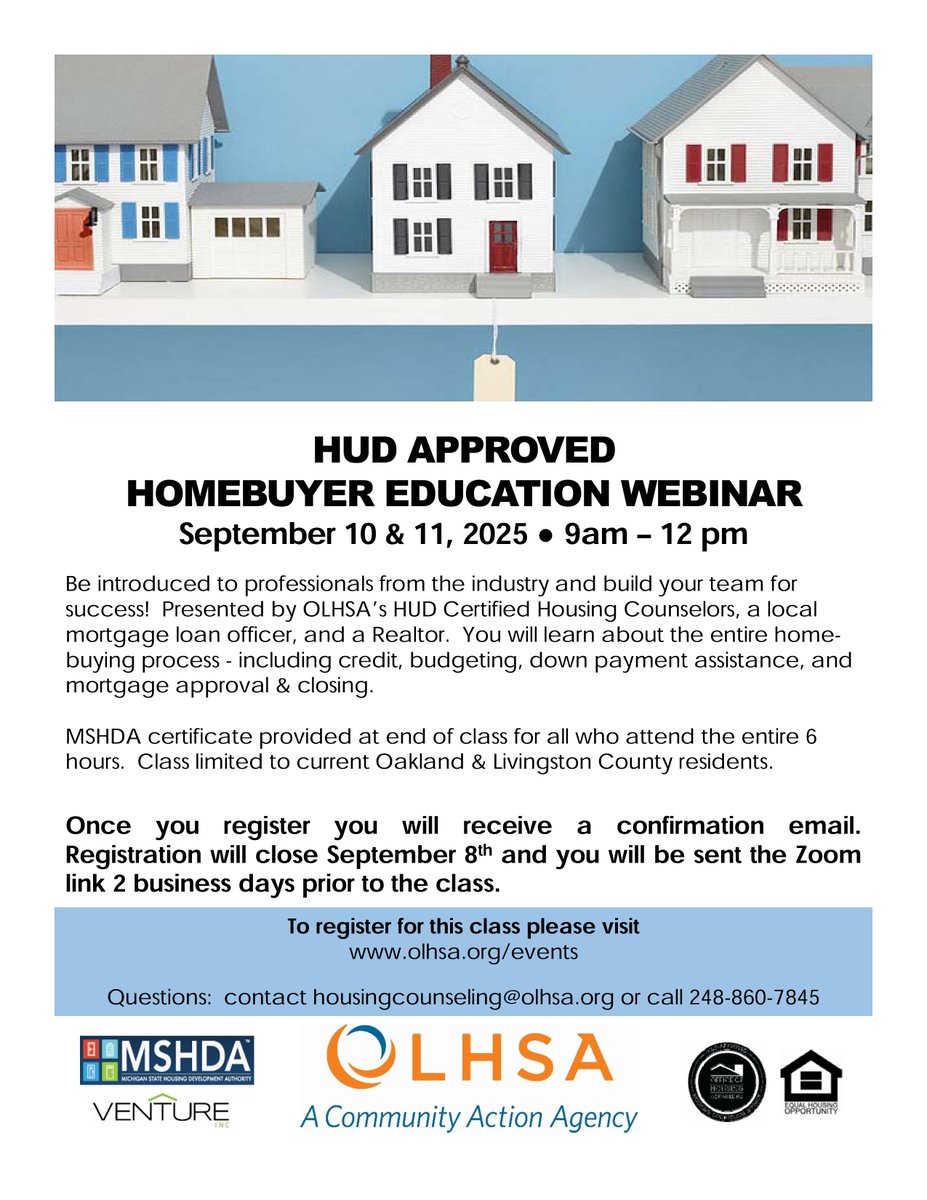 Join us for a two-day, homebuyer education webinar on September 10th and 11th from 9 a.m. - 12 p.m. 🏡 Be introduced to professionals from the industry and build your team for success! 

Learn more and register here ➡️olhsa.org/events
