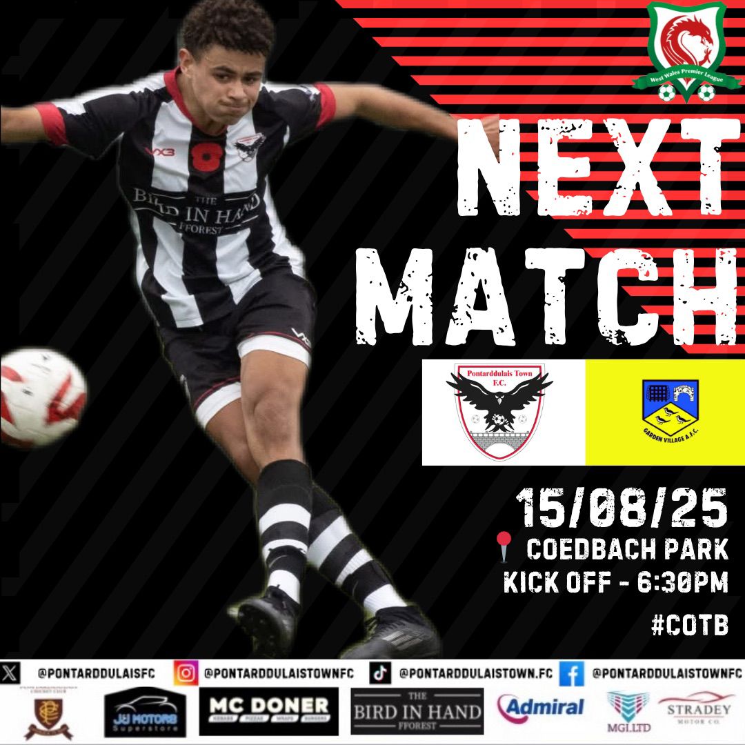 PontarddulaisFC's tweet photo. Big game on Friday night as we welcome close neighbours @GardenVillage12 to Coed Bach Park. Last year's fixture saw 9 goals and a last minute winner for us ⚪⚫ #COTB @PremierWales https://t.co/GTJHoFrvVP