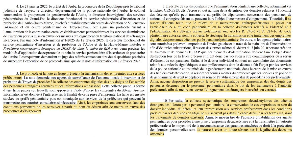Fichage des étrangers : En référé, la note autorisant les agents pénitentiaires à relever les empreintes d’étrangers écroués &amp; à les transmettre à la préfecture est suspendue.

Car cette collecte apparaît illégale.

Et porte une atteinte grave &amp; immédiate aux droits des détenus.