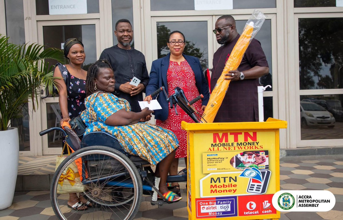 The Accra Metropolitan Assembly (AMA) has supported Ms. Hilda Doodo, a woman with physical disabilities, by providing her with mobile money vending start-up tools and GH₵3,000 in working capital to establish a sustainable livelihood. The items were presented by Accra Mayor