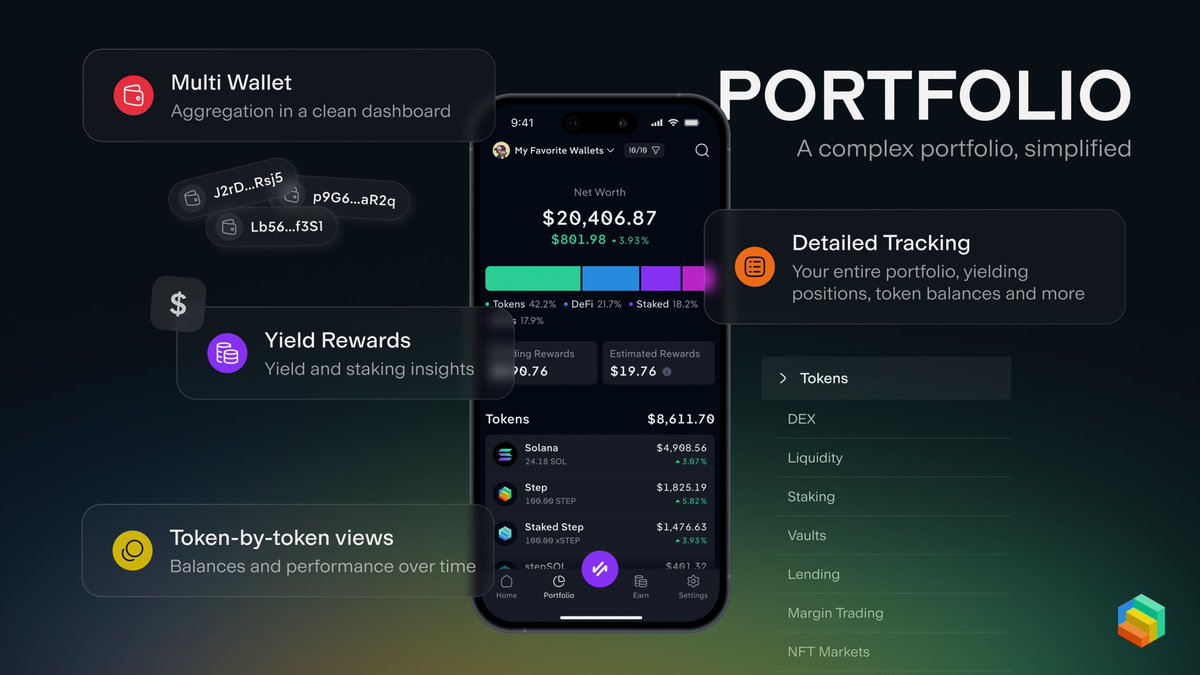 Portfolio view in Step Wallet displaying token balances, NFTs, and performance charts