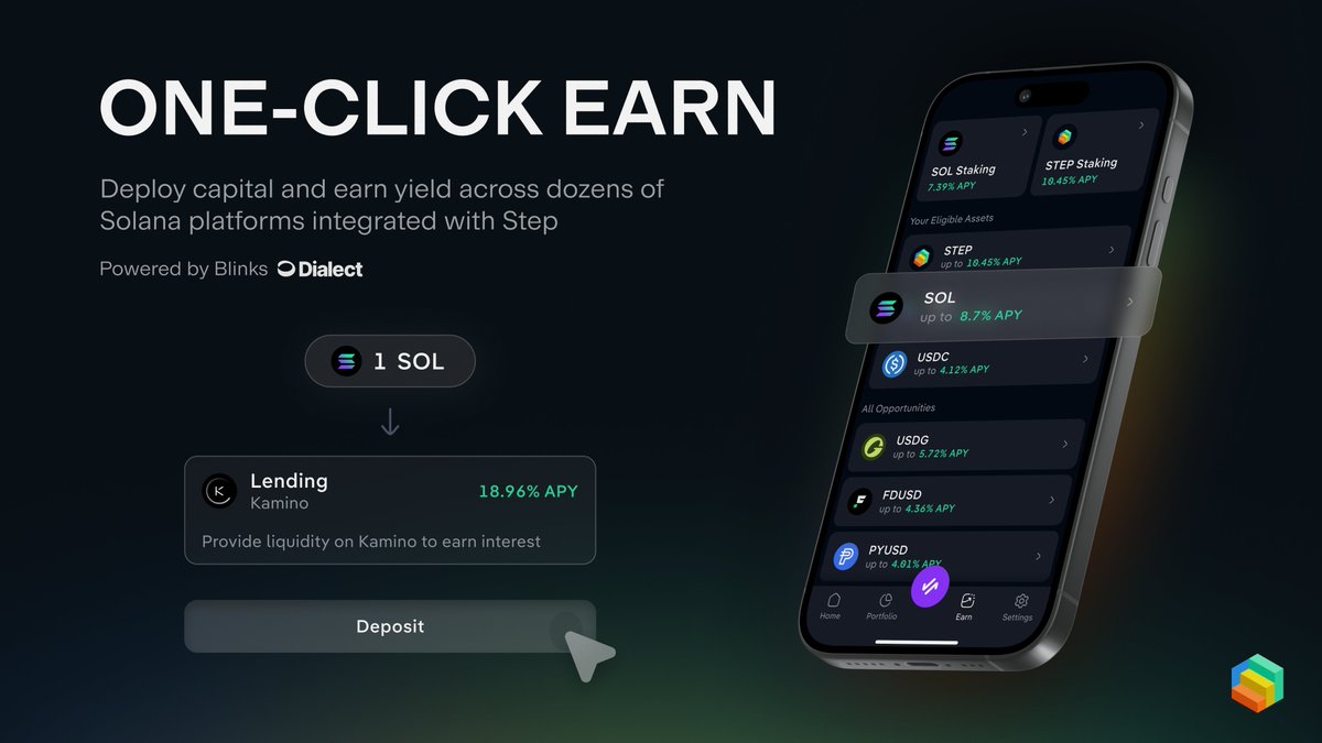 Earn section in Step Wallet highlighting yield opportunities on SOL, USDC, and other assets
