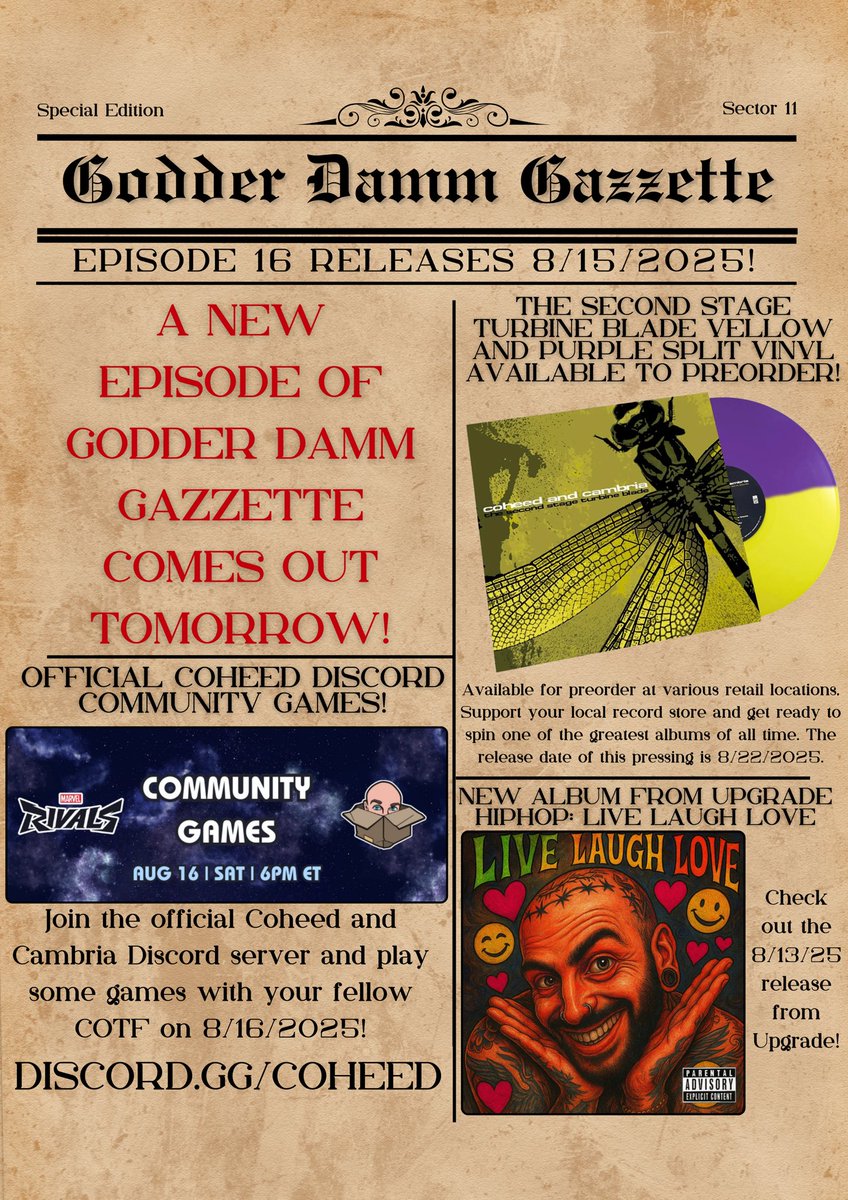 New episode— TOMORROW!

In the meantime, check out a new <a href="/UpgradeHipHop/">Upgrade ❔</a> album: upgradehiphop.bandcamp.com/album/live-lau…

A new retail variant of SSTB is coming soon! Consider supporting an indie store for your copy.

Join the official @coheed discord server for some community games this Saturday!