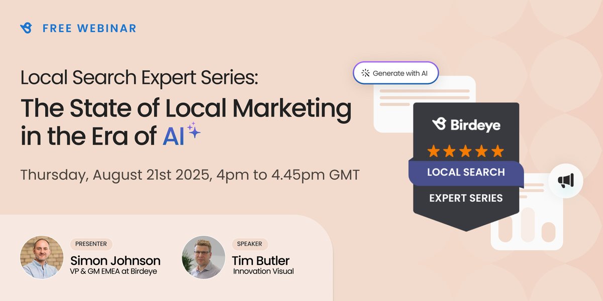 cangofaster's tweet photo. Really excited with only a week to go before I am with Simon Johnson of Birdeye on a webinar where we are talking about "The State of Local Marketing in the era of AI". 
I believe there are still places left if you want to register. https://t.co/NO0HH8lVWm