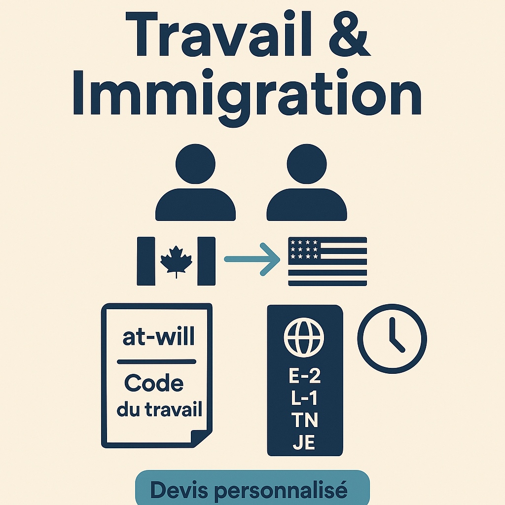 👥 Travail &amp; Immigration
Montréal : recruter un Sales Manager 
New York : transférer votre CTO 📄 Contrats locaux, politiques RH, visas coordonnés via notre réseau d’avocats partenaires — délais optimisés.
📝 Demandez votre devis ! #Immigration #RH #Mobilité