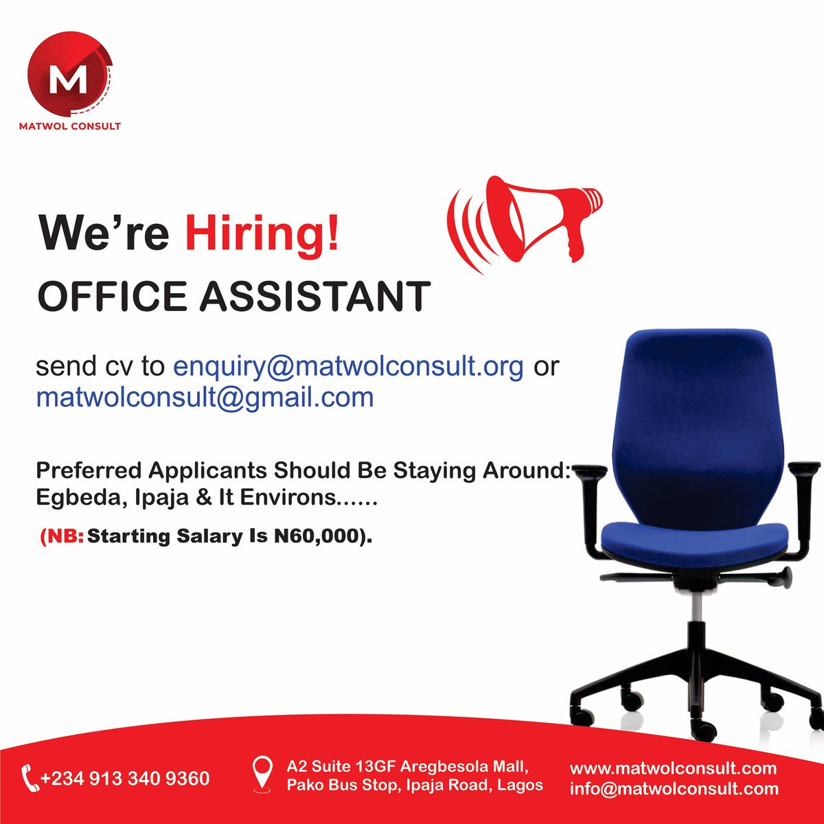 Matwolconsult's tweet photo. We’re Hiring !! See full details on flyer 

-
#matwolconsult #hiring #jobvacancy https://t.co/ijWI07z8Cb