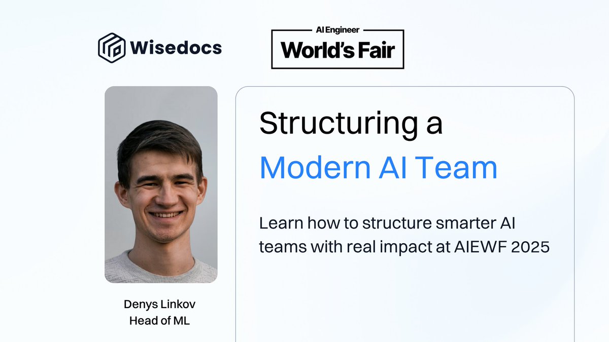Wisedocs (@wisedocsai) on Twitter photo Got AI goals? Build the team to match. Watch Wisedocsโ Head of ML, Denys Linkov, share how to structure AI teams that deliver at <a href="/aiDotEngineer/">AI Engineer</a>โs AIEWF 2025.
๐ก hubs.ly/Q03B-st50
#AIEWF2025 #MachineLearning #AILeadership Got AI goals? Build the team to match. Watch Wisedocsโ Head of ML, Denys Linkov, share how to structure AI teams that deliver at <a href="/aiDotEngineer/">AI Engineer</a>โs AIEWF 2025.
๐ก hubs.ly/Q03B-st50
#AIEWF2025 #MachineLearning #AILeadership
