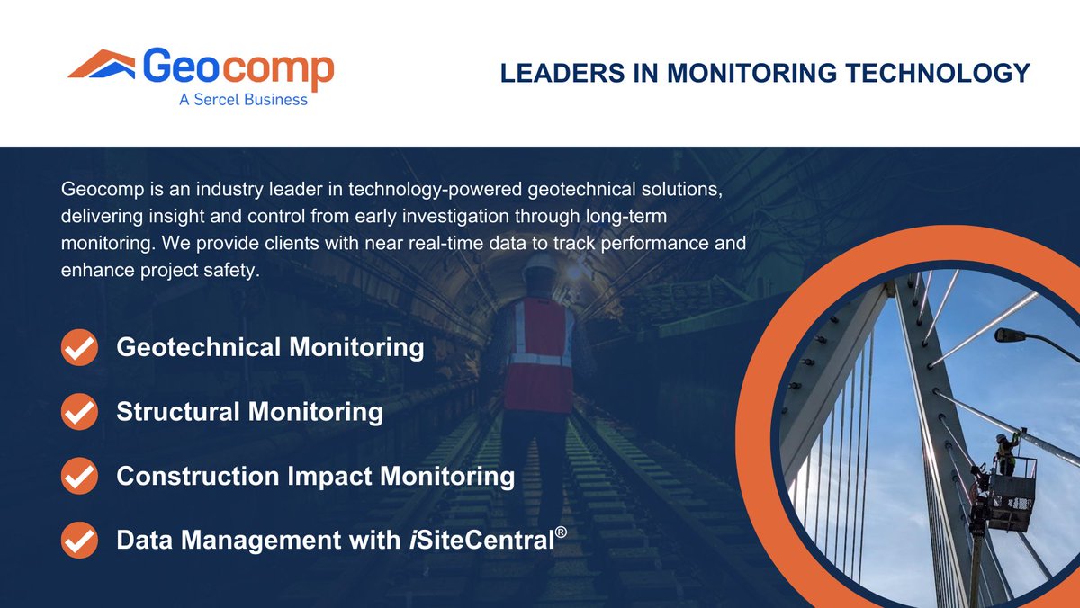 GeocompInc's tweet image. When failure isn’t an option, infrastructure owners turn to @GeocompInc. Our monitoring technology &amp;amp; engineering expertise deliver real-time insights to catch problems early, protect people, &amp;amp; extend asset life.

Check out our monitoring capabilities: hubs.la/Q03CLvYm0
