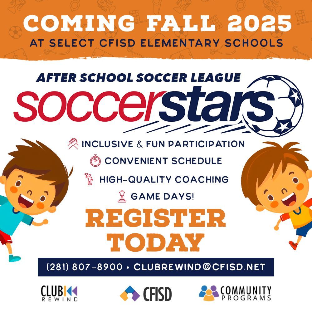 Cypress-Fairbanks ISD (@cyfairisd) on Twitter photo The <a href="/CFISDClubRewind/">CFISD Club Rewind</a> Soccer Stars program is returning in the fall at select CFISD elementary schools. Registration is open through Aug. 22. Learn more: buff.ly/JqGY593. #CFISDspirit ⚽ The <a href="/CFISDClubRewind/">CFISD Club Rewind</a> Soccer Stars program is returning in the fall at select CFISD elementary schools. Registration is open through Aug. 22. Learn more: buff.ly/JqGY593. #CFISDspirit ⚽