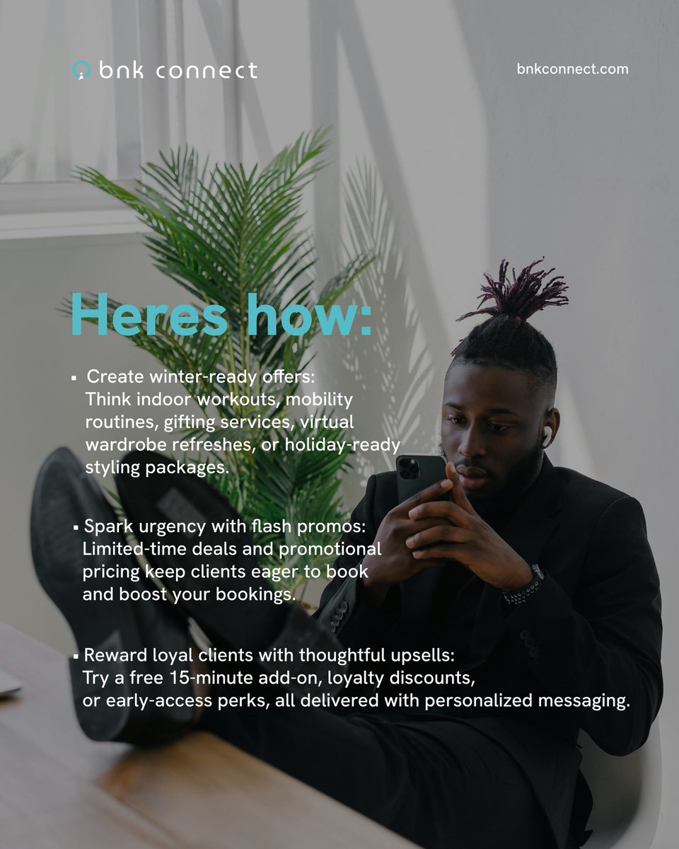 BNKConnect's tweet image. Winter slowing you down? BNK Connect keeps you booked, visible &amp;amp; thriving with winter-ready offers, promos, and perks. Don’t fight the freeze, own it.

👉 Sign up and heat up your bookings today!

#StayBooked #BNKConnect #WinterBusiness