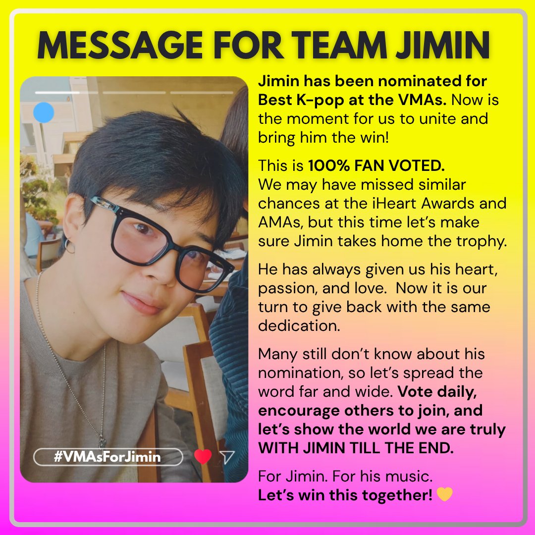 📢 VMA 2025: EVERY VOTE COUNTS

🏆BTS won the VMAs 10 times!
🌟Now Jimin is nominated for Best K-pop

Let’s get that #VMAs    for JIMIN!
Vote daily, encourage others to join! 
Protect the legacy.
VOTE🔗mtv.com/event/vma/vote…

#VMAsForJimin 💛
