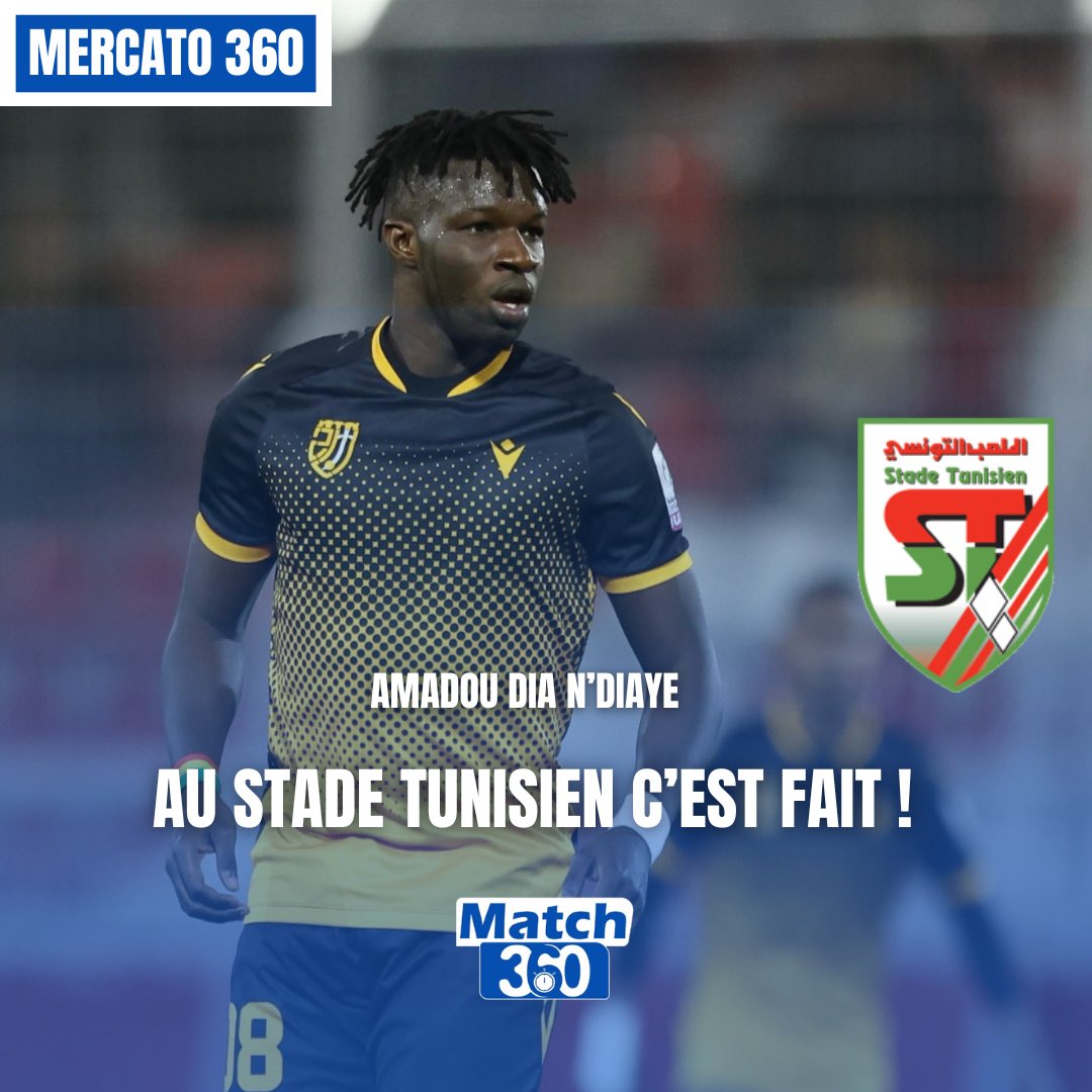 Match360TV's tweet photo. 🚨 #ExcluMatch360 : Amadou Dia N’Diaye au Stade Tunisien 🇹🇳 c’est fait !
🩺 L’international sénégalais a passé avec succès sa visite médicale aujourd’hui pour s’engager 3 saisons avec le Club Beylical.
✍️ Le montant du transfert est estimé à ~160 000 €.
En provenance de l’Union de Touarga 🇲🇦 l’attaquant de 25 ans est prêt à relever le défi en Ligue 1 tunisienne et en Coupe CAF ! 💪
Via @p_o_kasse
#Mercato360 #Transferts
#StadeTunisien #Ligue1Tunisie #AmadouDiaNdiaye