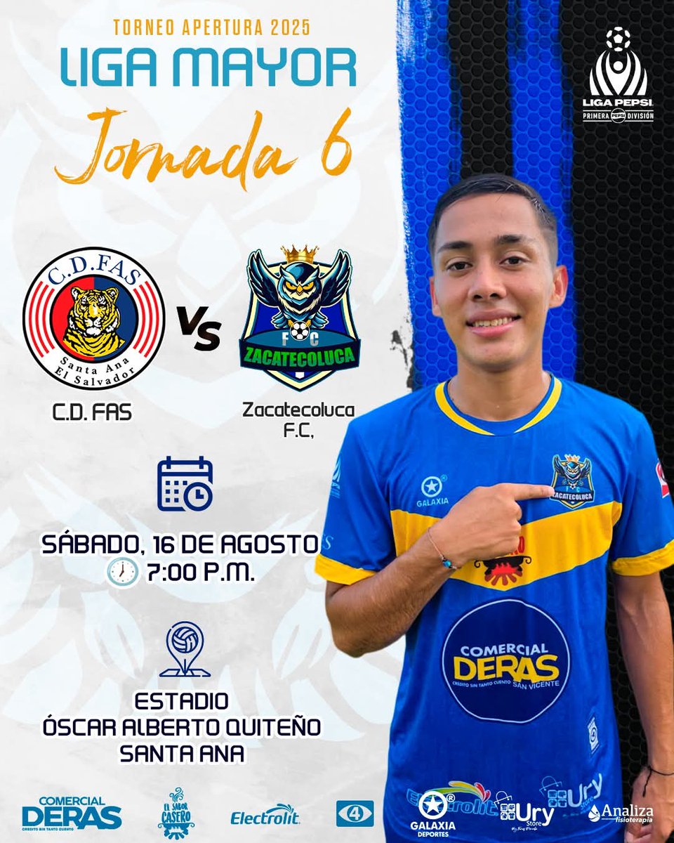⚪ MAYOR
🗓️ Sábado, 16 de agosto
🕖 7:00 p.m.
📍 Estadio Óscar Alberto Quiteño, Santa Ana
🆚 C.D. FAS vs Zacatecoluca F.C.
🎟️
General: $5.50 (en línea $6.50)
Sombra: $12.00 (en línea $13.00)
Tribuna: $19.00 (en línea $20.00)

🛫 Condición: Visita