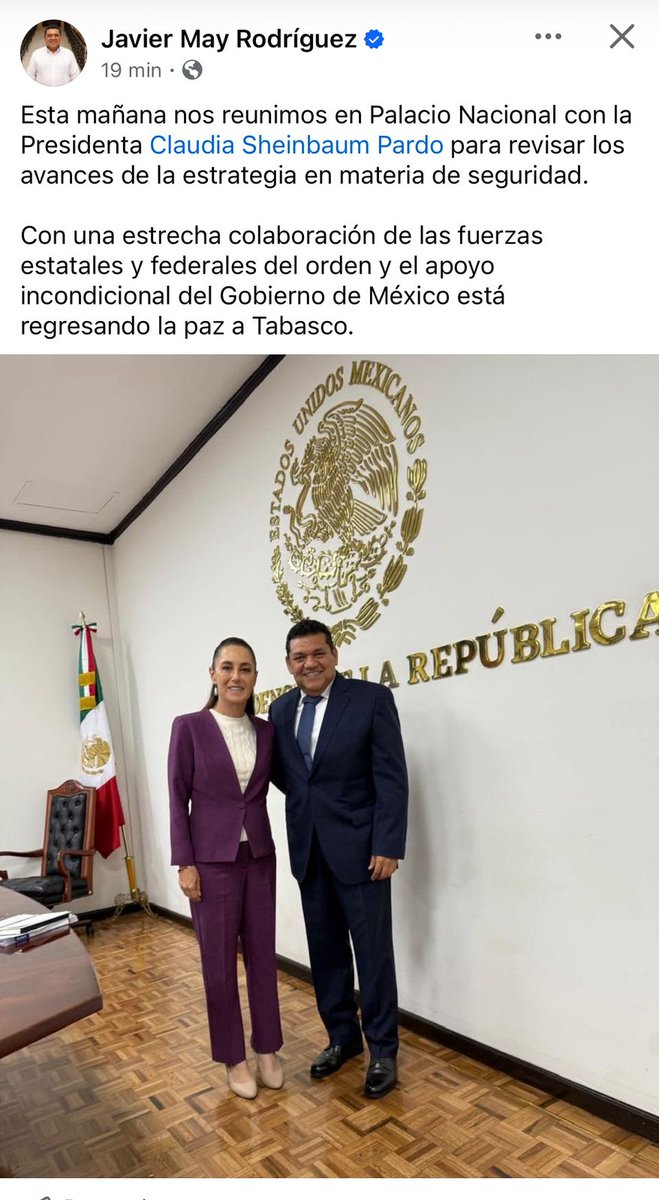 Firme y estrecha colaboración entre el Gobernador <a href="/TabascoJavier/">JAVIER MAY</a> y la presidenta <a href="/Claudiashein/">Claudia Sheinbaum Pardo</a> en favor de la #Seguridad y #Paz en #Tabasco 

<a href="/Gobdetabasco/">GOBIERNO DE TABASCO</a> 
<a href="/GobiernoMX/">Gobierno de México</a> 
<a href="/SSPCTabasco/">SSPC Tabasco</a>