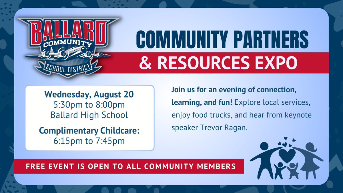 Join us for an evening of connection, learning, and fun at the Community Partners &amp; Resources Expo! 🎉 

✅ Wednesday, August 20
✅ 5:30 to 8:00pm
✅ Ballard High School

We hope to see you there!