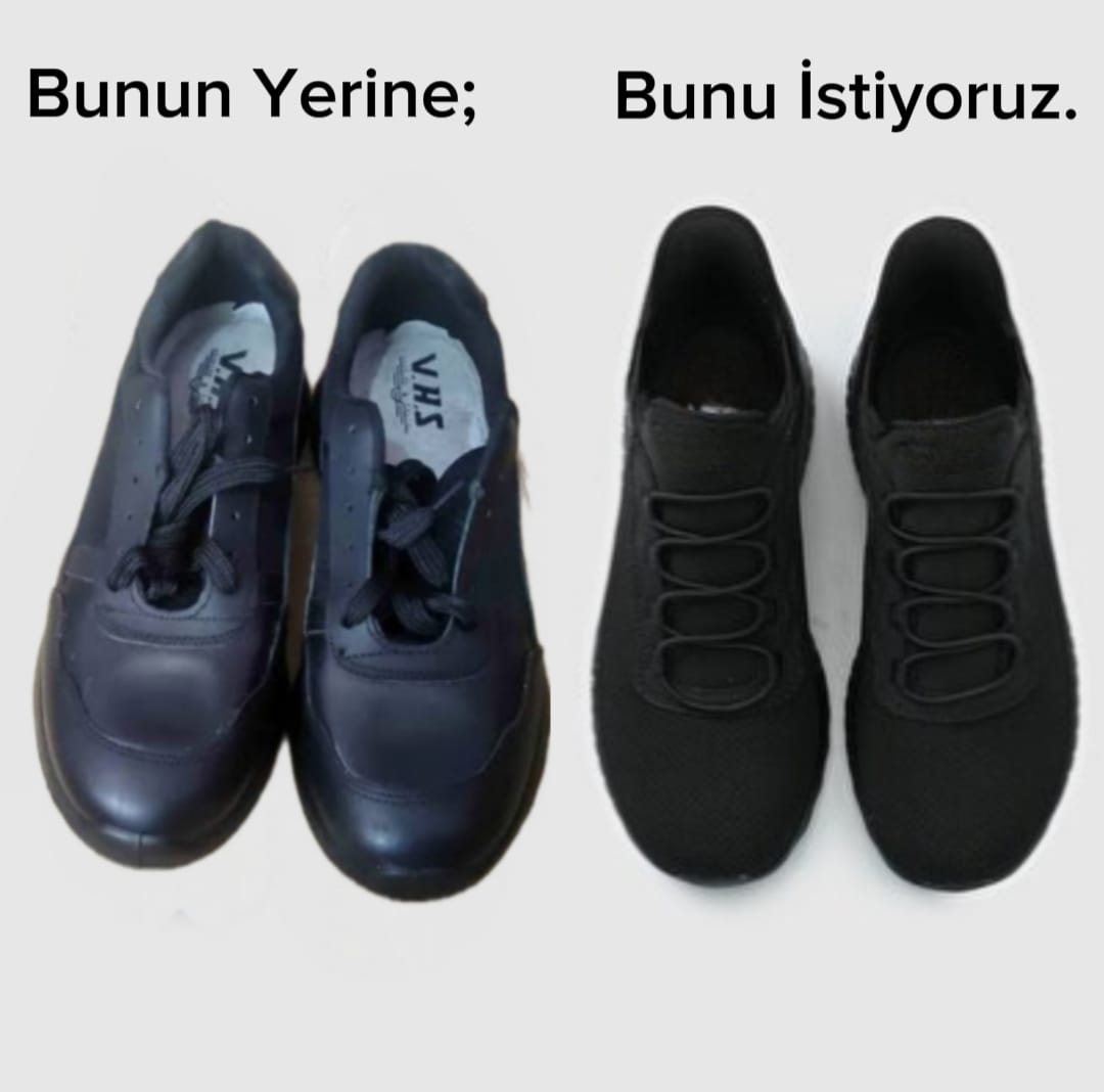 İnfaz ve Koruma Memurları nöbet tutarken uzun süre ayakta kalmakta, çok fazla adım atmaktadır. Mevcut ayakkabılar deri olduğu için cilt hastalıklarına sebep olmaktadır. Soldaki yerine aynı paraya sağdaki fileli yürüyüş ayakkabısı alınabilir.👮
<a href="/YavuzEnis/">Enis Yavuz Yıldırım</a> <a href="/fserkang/">Fatih Serkan GÜNAYDIN</a> <a href="/huseyinasslan/">Hüseyin Aslan</a>