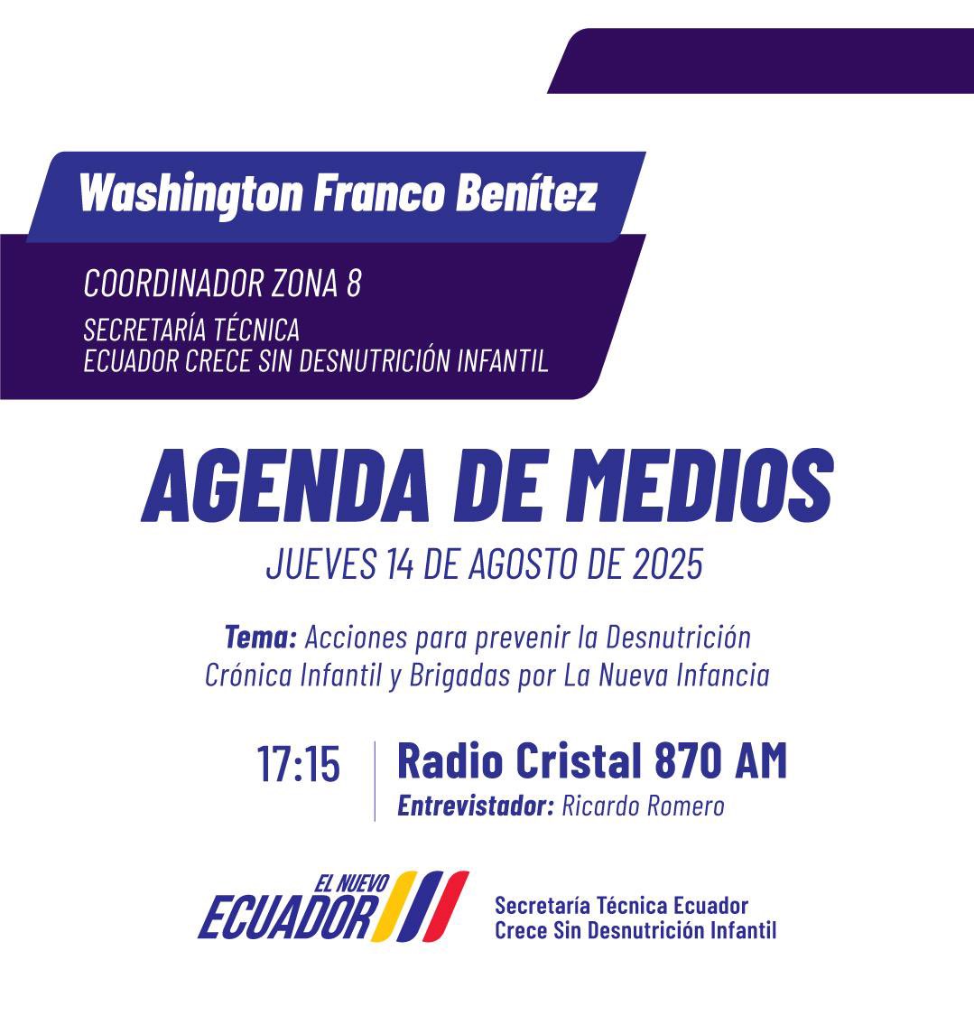 🎙️ EN MEDIOS | En Radio Cristal 870 AM dialogaremos cómo desde <a href="/InfanciaEc/">Ecuador Crece Sin Desnutrición Infantil 🇪🇨</a> impulsamos acciones para combatir la #DesnutriciónCrónicaInfantil en todo el país 🇪🇨💪.
📻 Sigue la entrevista y conoce nuestro trabajo por el bienestar de #LaNuevaInfancia ✨.