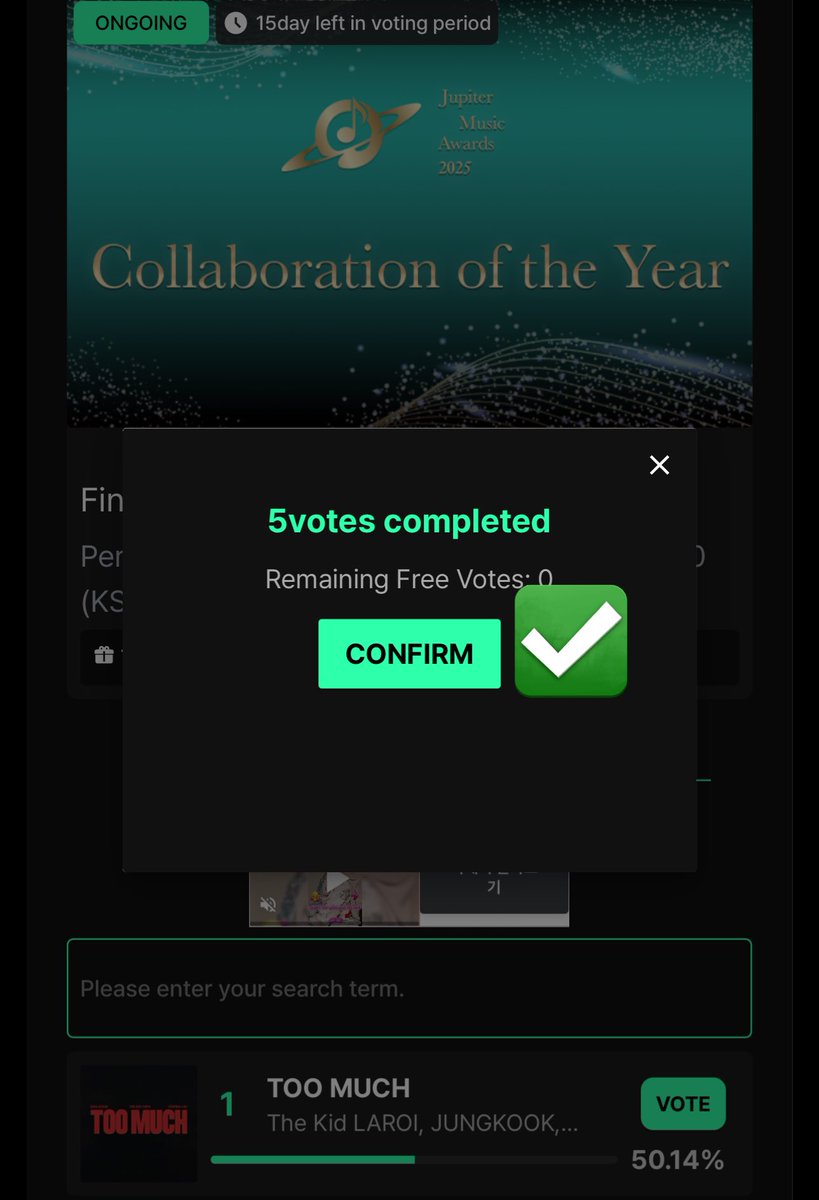 📢D-15

Reset time | JUPITER MUSIC AWARDS 2025 (FINAL)

🏆 Collaboration of the Year: Too Much :by #Jungkook,The Kid LAROI &amp; Central Cee

✅5 FREE vts daily
✅use multiple gmail accounts 

🗳️: muniverse.io/titlehome/03e1…