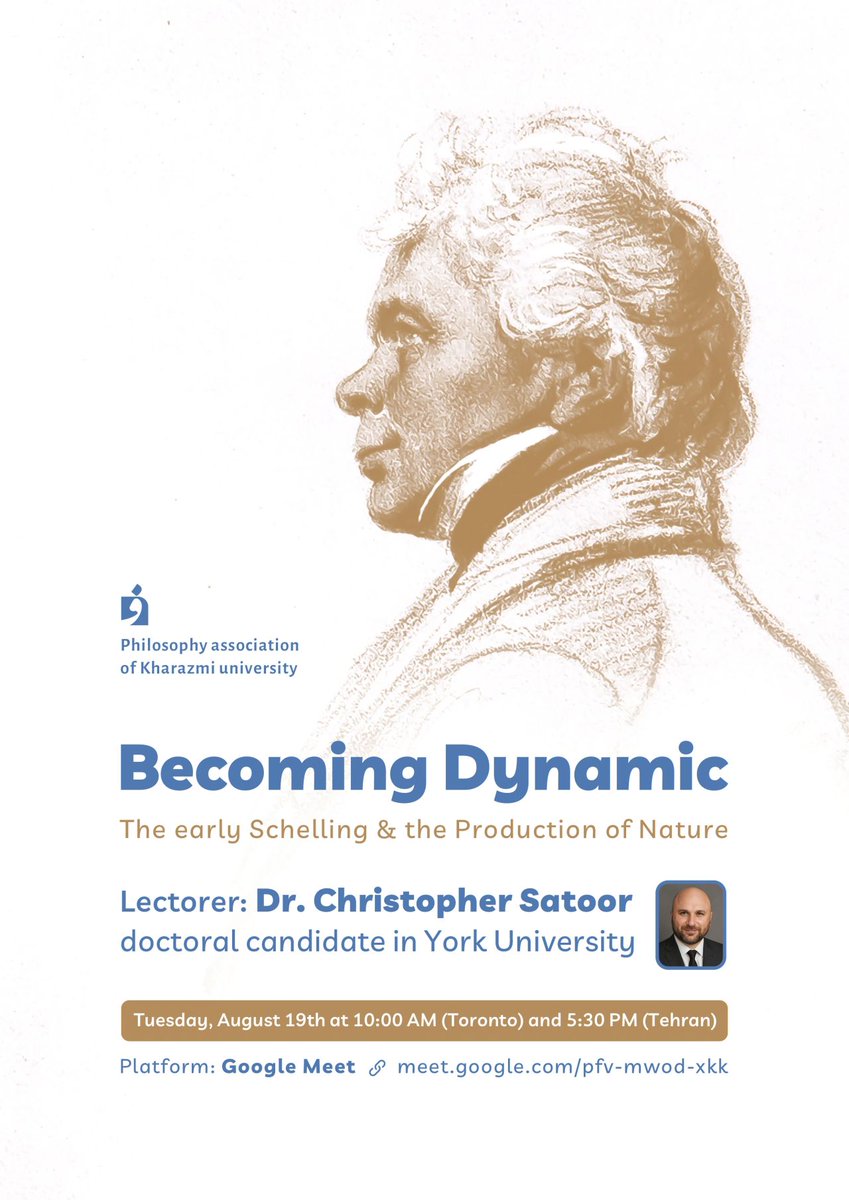 aufgehenderRest's tweet image. I am excited to announce that I will be Discussing F. W. J. Schelling&apos;s Naturphilosophie for the Philosophy Association of Kharazmi University, in Iran on August 19th, at 10:00 AM EST/ 5:30 PM Tehran time. #Schelling