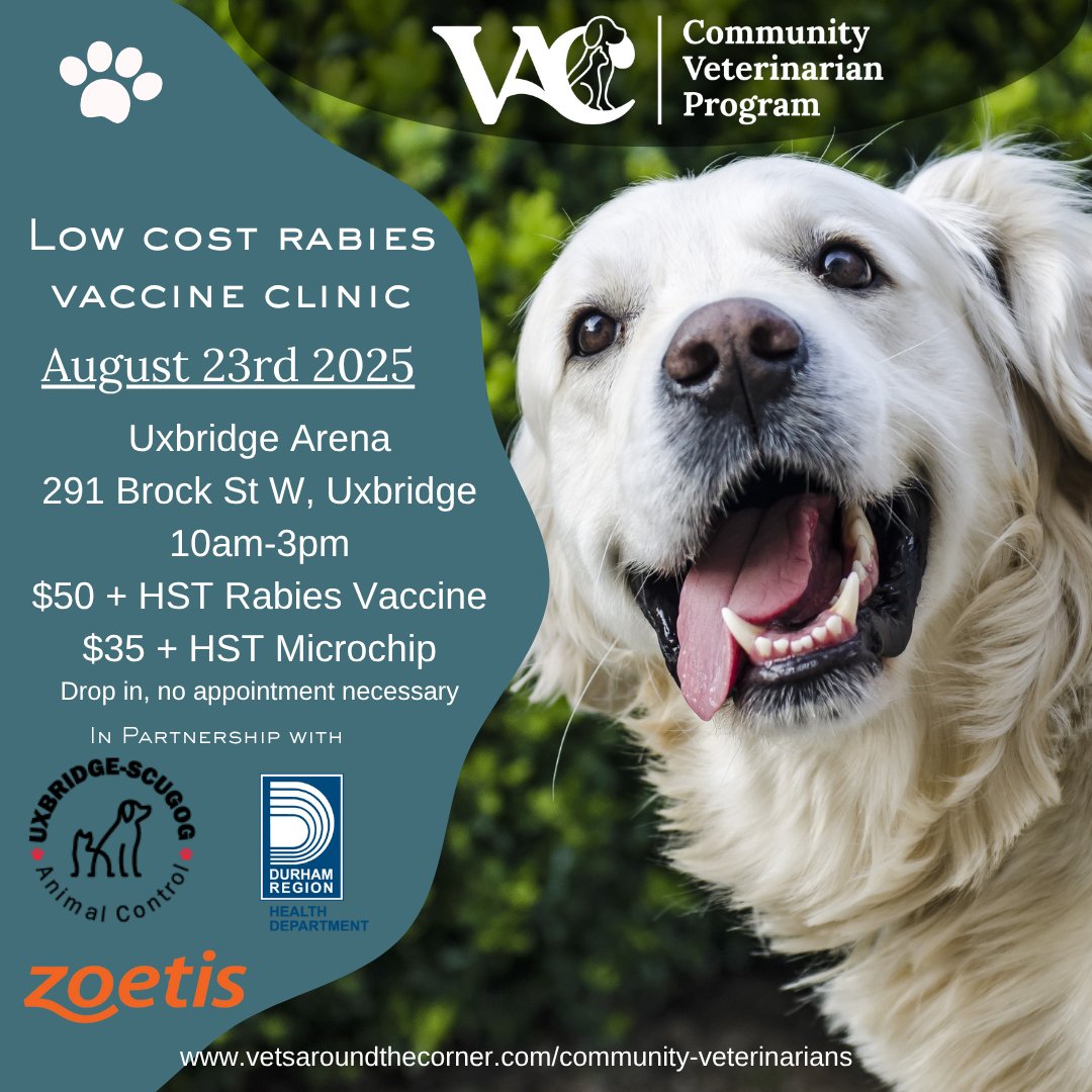 Low-Cost Rabies Clinic!
Check out this upcoming local clinic for your pets hosted by Vets Around the Corner Community Veterinarian Program.

📅 Sat. Aug. 23
🕙 10am-3pm
📍 Uxbridge Arena 
💲 $50+HST (rabies vaccine) and $35+HST (microchipping)

durham.ca/Rabies