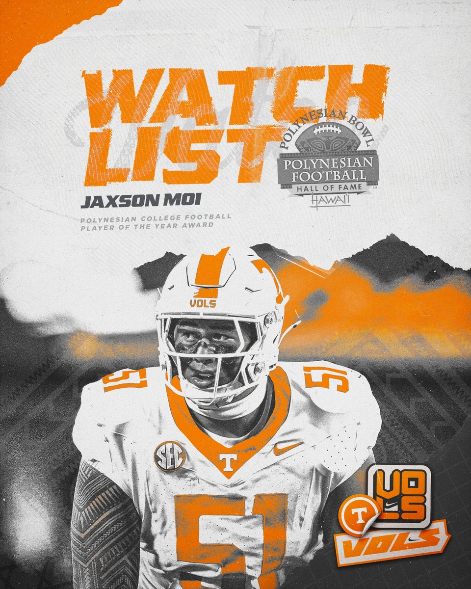 Tennessee Football (@vol_football) on Twitter photo 👀 Watch List Season
<a href="/JaxsonMoi/">Jaxson King Taua Moi 🇦🇸</a> has been named to the <a href="/PolynesianFBHOF/">Polynesian Football</a> College Football Player of the Year Award Watch List.
📰 » 1tn.co/45PV60D
#GBO 🍊 👀 Watch List Season
<a href="/JaxsonMoi/">Jaxson King Taua Moi 🇦🇸</a> has been named to the <a href="/PolynesianFBHOF/">Polynesian Football</a> College Football Player of the Year Award Watch List.
📰 » 1tn.co/45PV60D
#GBO 🍊