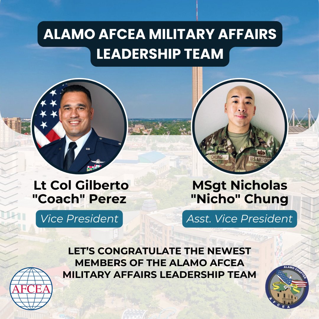 Meet our 2025 Alamo AFCEA Military Affairs leaders: VP Lt Col Gilberto “Coach” Perez &amp; Asst VP MSgt Nicholas “Nicho” Chung. 
Representing all services &amp; cyber/IT/comms orgs across TX—building connections, mentoring, and strengthening the national defense mission.
#AlamoAFCEA