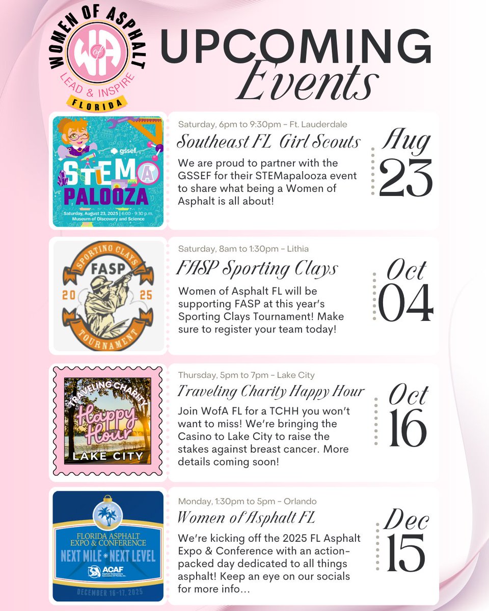 WofAFL's tweet photo. 🚧 𝐌𝐚𝐫𝐤 𝐘𝐨𝐮𝐫 𝐂𝐚𝐥𝐞𝐧𝐝𝐚𝐫𝐬 🚧
The Women of Asphalt Florida Branch has an exciting lineup of upcoming events:

Follow along for updates, details, and ways to get involved! 
#WomenofAsphalt #WofAFL #LeadandInspire https://t.co/uBnTOBzYco