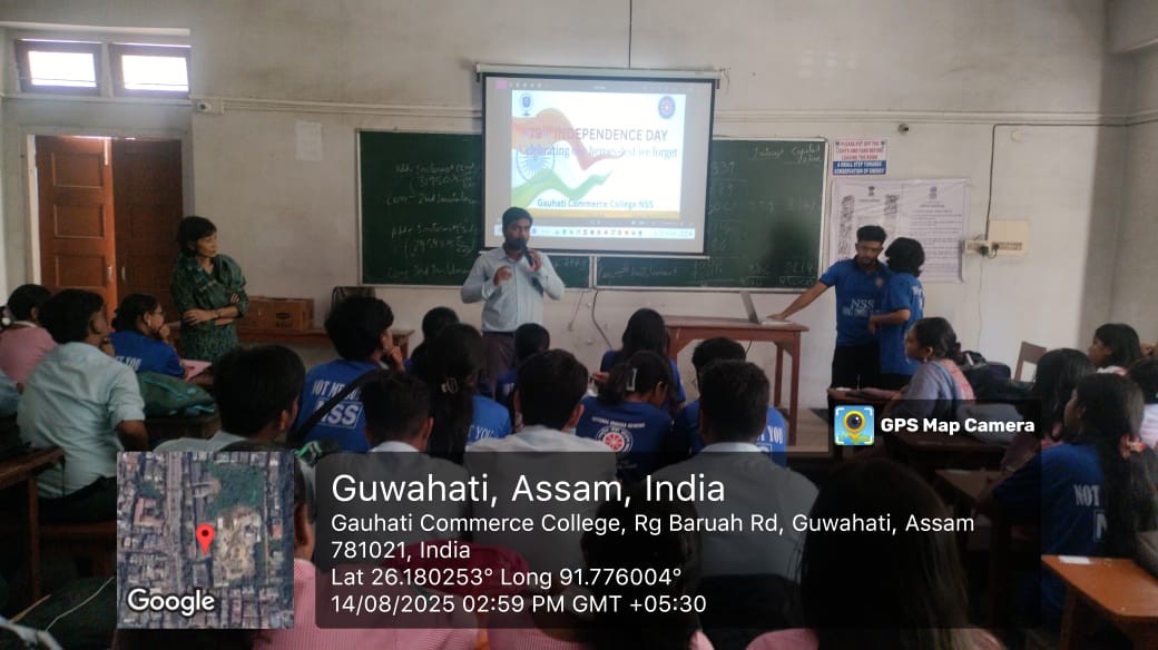 NSS_GCC's tweet photo. Celebrating the 79th Independence Day with pride NSS volunteers &amp; GCC students came together to honour the freedom fighters of the North East, engage in a spirited quiz and conclude with Jana Gana Mana. Jai Hind! 🇮🇳❤️
 @_NSSIndia @nss_rdguwahati @mybharatgov https://t.co/PDfzbodkID