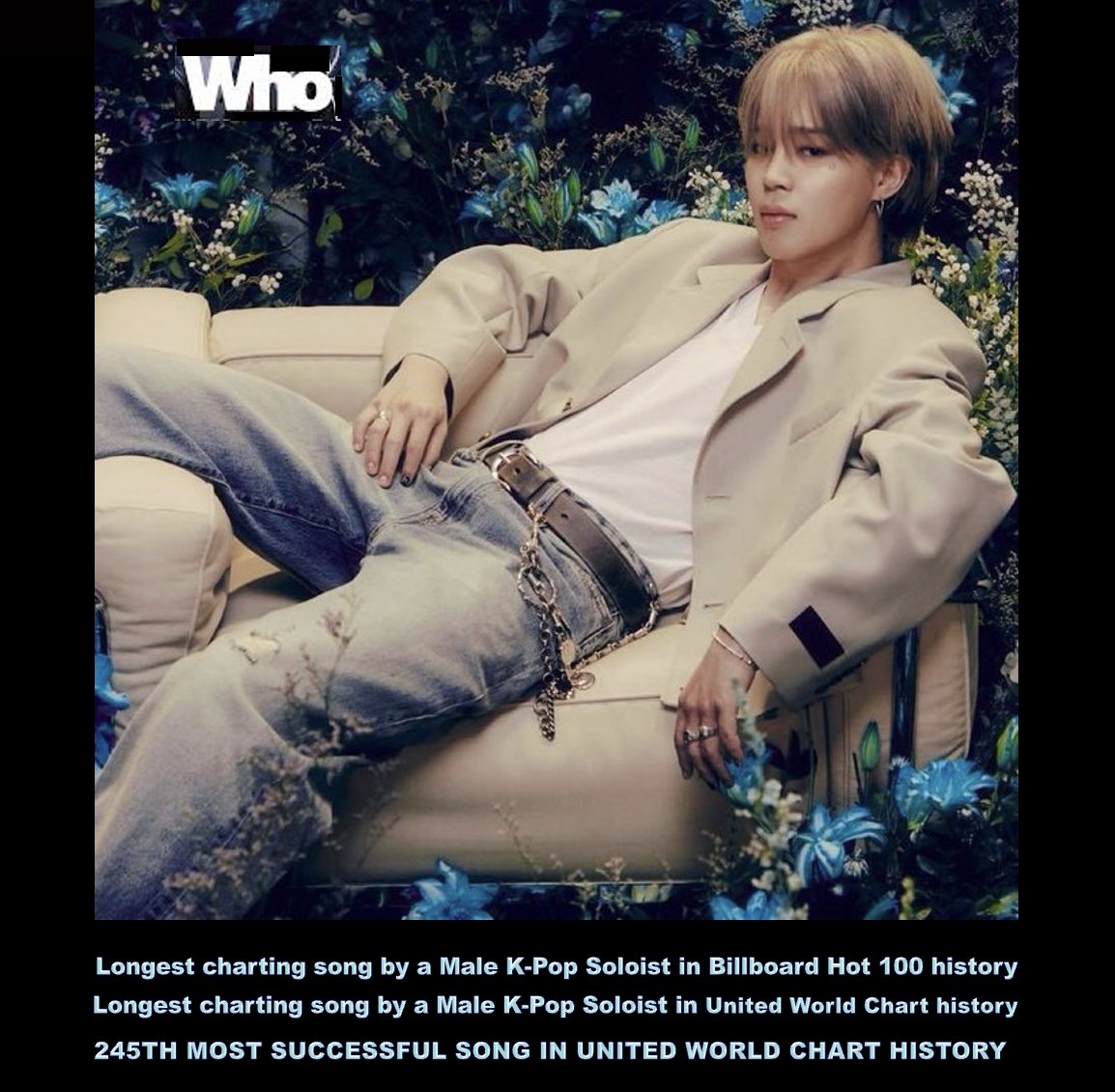 #JIMIN's magic history-making bop "WHO" re-enters the United World Singles chart at #40 for a 51st week on the chart with 83,000 points after debuting at #1. "Who" extends its record as the longest-charting song by a Male K-Pop Soloist in United World chart history and the 1st