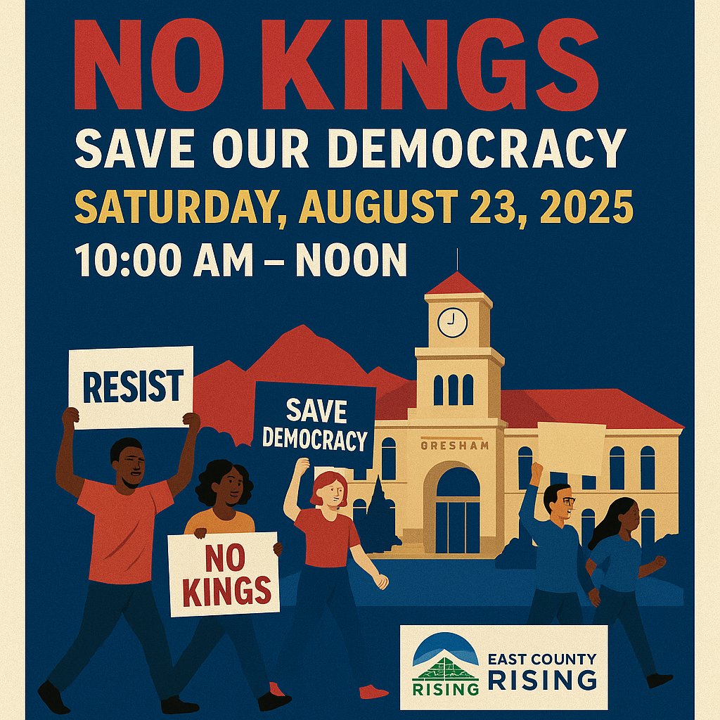 Eastcorising's tweet image. 📢 Gresham: No Kings, Save Our Democracy!
Join @Indivisible_MultnomahEast✊

🗓 Sat Aug 23 | 10A–Noon
📍 Burnside/Division &amp;amp; Eastman → March to City Hall

Bring signs. Bring friends. Let’s show up!
RSVP 👉 mobilize.us/s/1xhYvj

#NoKings #SaveOurDemocracy #GreshamOR